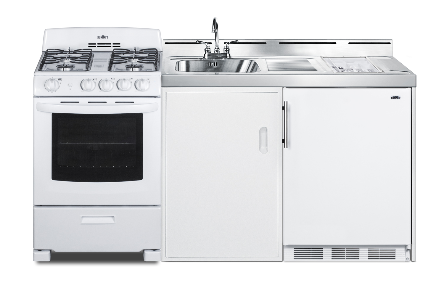 72 inch wide all-in-one kitchenette with 115V 4-burner gas range, refrigerator-freezer, sink, cutting board and cutlery storage, and a storage cabinet
